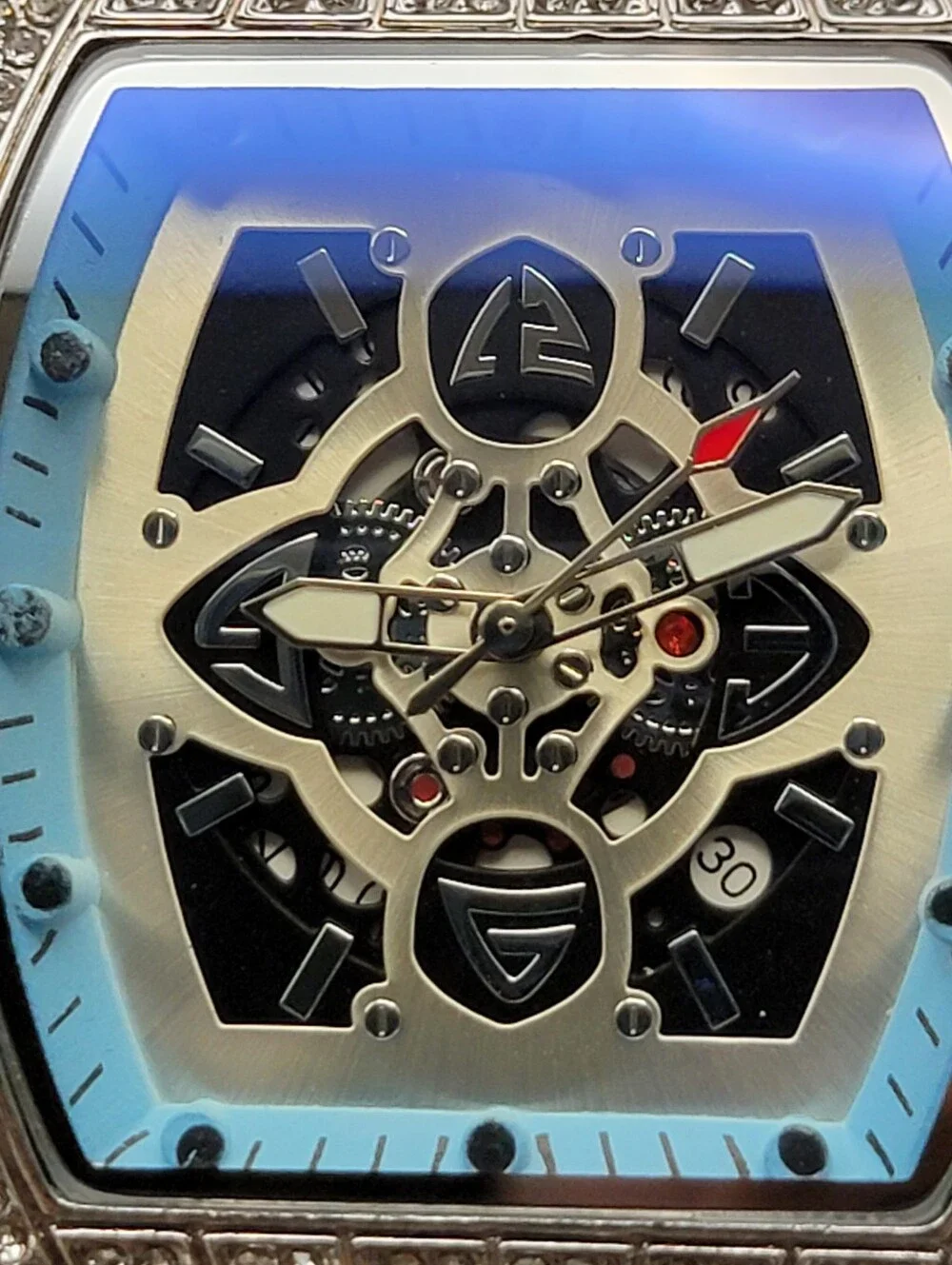NWT Mens AJ Brand Blue Skeleton Diamond Style 41.5mm Watch Silicone Band w/Date